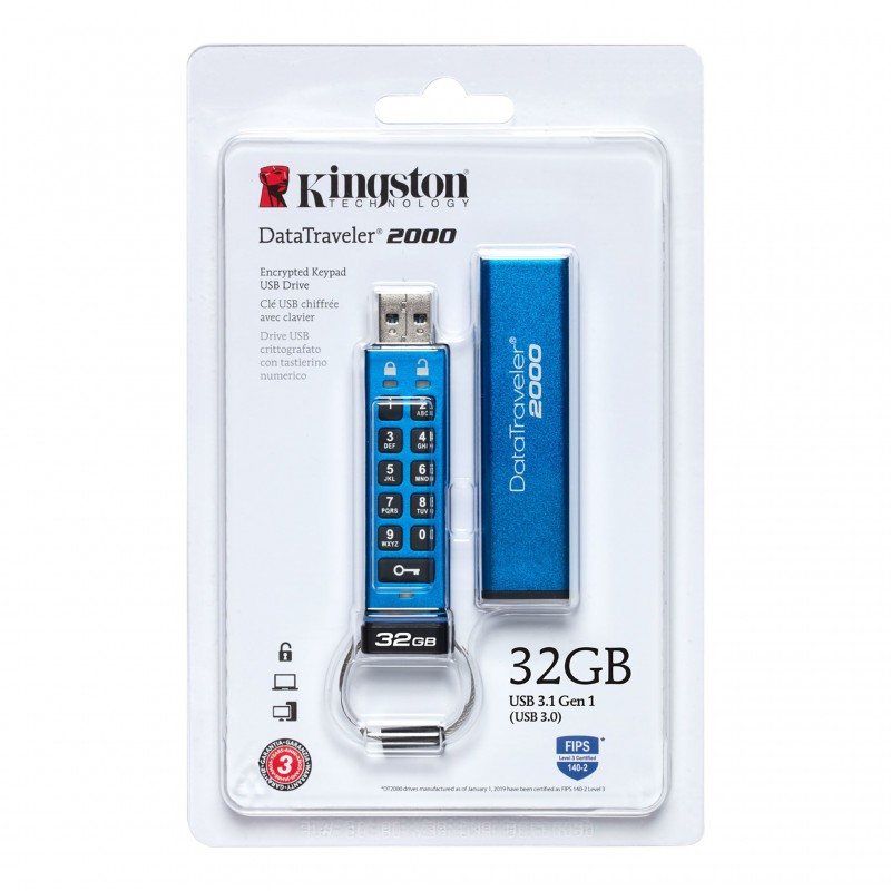 Kingston DataTraveler 2000 32GB USB FlashDrive 3.0 Secure  DT2000/32GB fra buy2say.com! Anbefalede produkter | Elektronik online