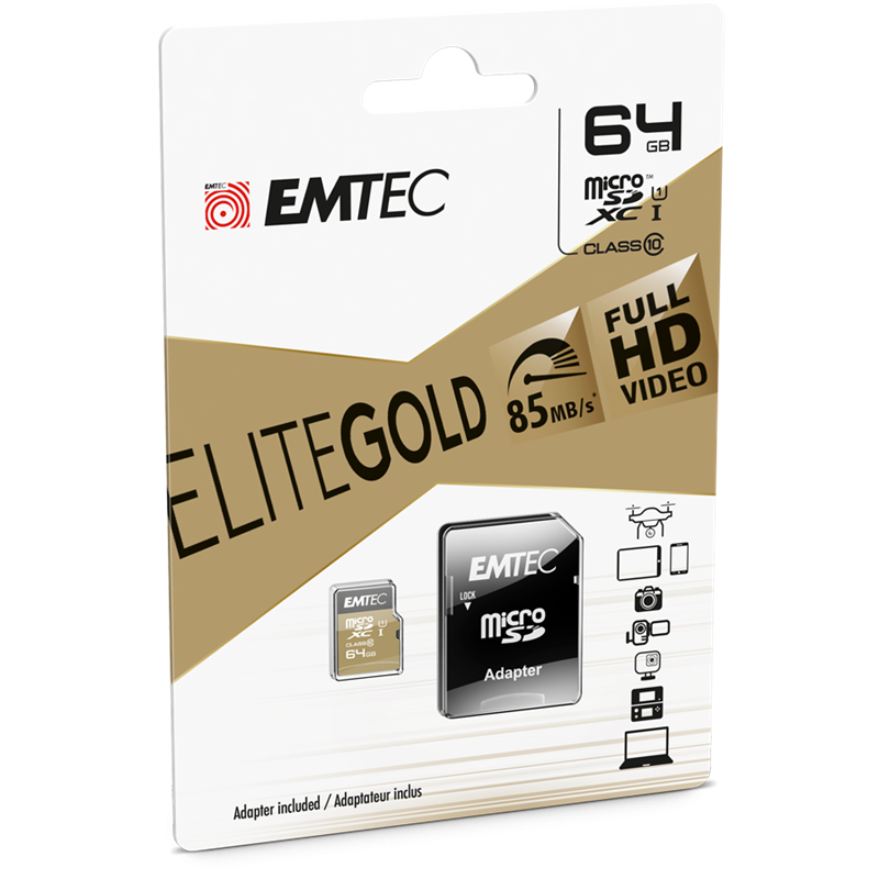 MicroSDXC 64GB EMTEC +Adapter CL10 EliteGold UHS-I 85MB/s Blister от buy2say.com!  Препоръчани продукти | Онлайн магазин за елек
