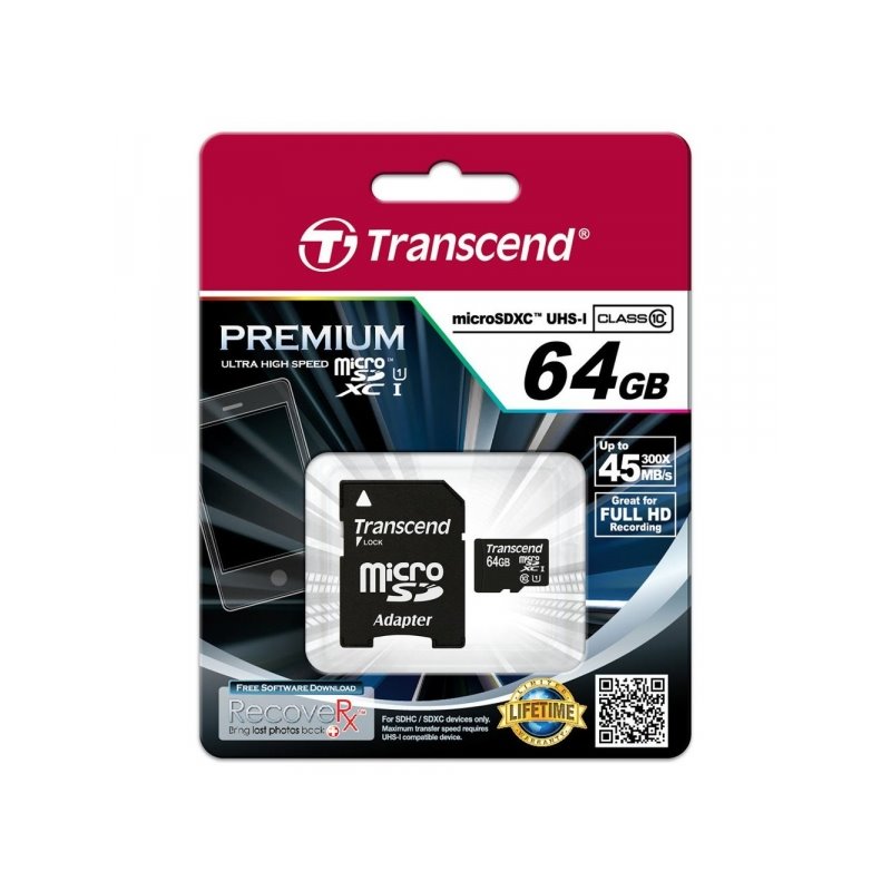 Transcend MicroSD/SDXC Card 64GB UHS1 w/Adapter TS64GUSDU1 fra buy2say.com! Anbefalede produkter | Elektronik online butik