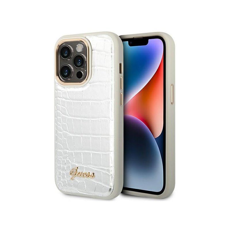 Guess iPhone 14 Pro silver hardcase Croco Collection Guess iPhone 14 Pro silver hardcase Croco Collection