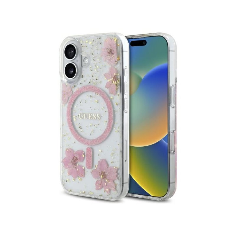 Guess iPhone 16 pink hardcase Resin Flower Glitter MagSafe Guess iPhone 16 pink hardcase Resin Flower Glitter MagSafe