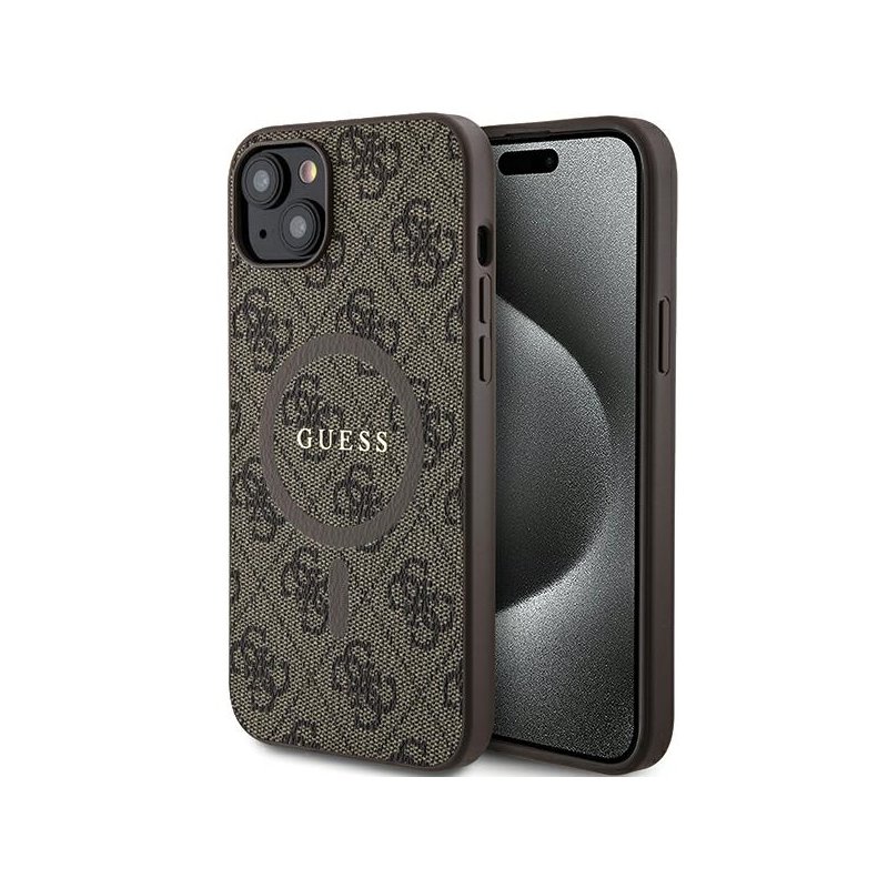 Guess iPhone 13/14/15 brown hardcase 4G Collection Leather Metal Logo MagS. Guess iPhone 13/14/15 brown hardcase 4G Collection Leather Metal Logo MagS.