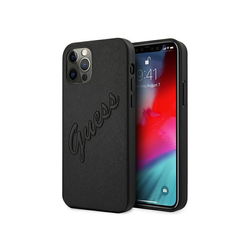 Guess iPhone 12 Pro Max black hardcase Saffiano Vintage Script Guess iPhone 12 Pro Max black hardcase Saffiano Vintage Script