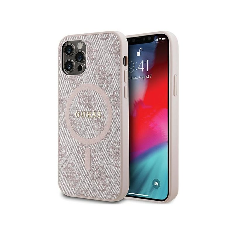 Guess iPhone 12/12 Pro pink hardcase 4G Collection Leather Metal Logo MagS.