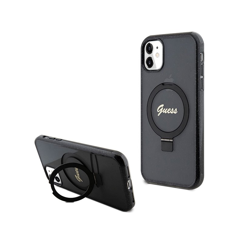 Guess iPhone Xr/11 black hardcase Ring Stand Script Glitter MagSafe