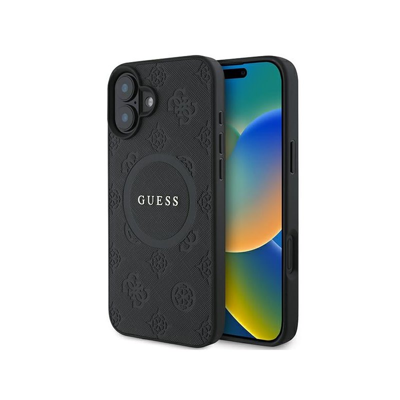 Guess iPhone 16 black hardcase Saffiano Peony Classic Logo MagSafe