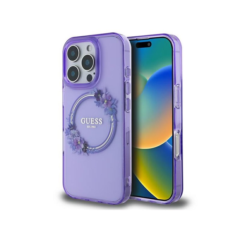 Guess iPhone 16 Pro Max purple hardcase IML Flowers Wreath MagSafe