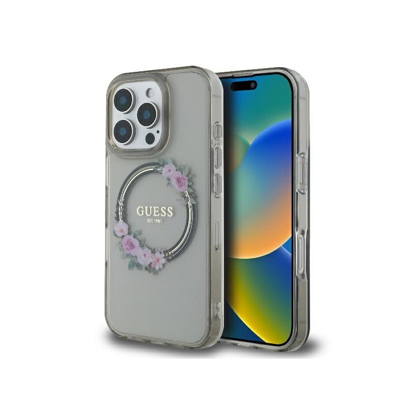 Guess iPhone 16 Pro Max black hardcase IML Flowers Wreath MagSafe