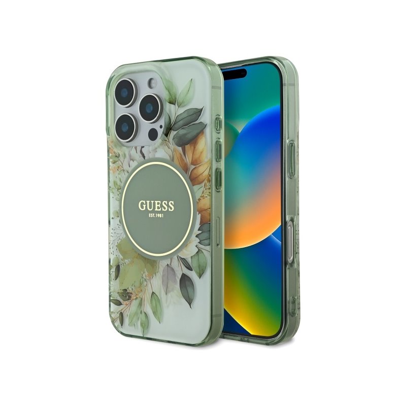 Guess iPhone 16 Pro Max green hardcase IML Flower & Tonal Circle MagSafe Guess iPhone 16 Pro Max green hardcase IML Flower & Tonal Circle MagSafe