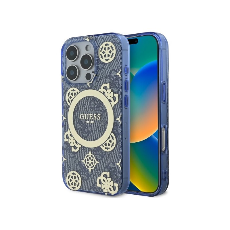 Guess iPhone 16 Pro Max blue hardcase IML Peony On 4G Background Magsafe Guess iPhone 16 Pro Max blue hardcase IML Peony On 4G Background Magsafe