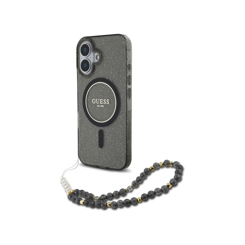 Guess iPhone 16 black hardcase IML Glitter With Pearl Strap MagSafe Guess iPhone 16 black hardcase IML Glitter With Pearl Strap MagSafe