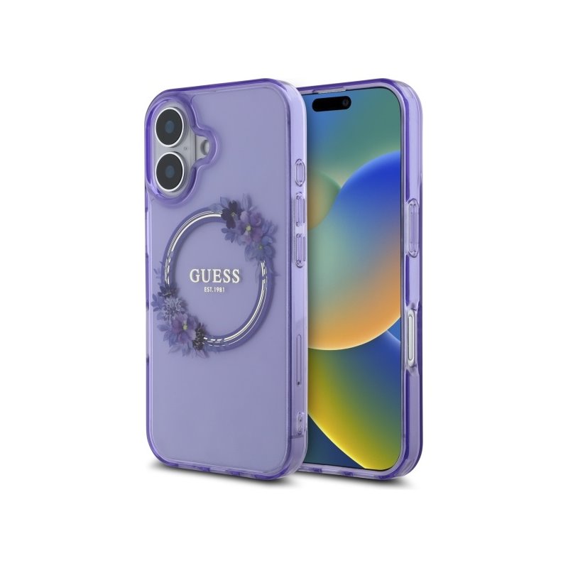 Guess iPhone 16 purple hardcase IML Flowers Wreath MagSafe Guess iPhone 16 purple hardcase IML Flowers Wreath MagSafe