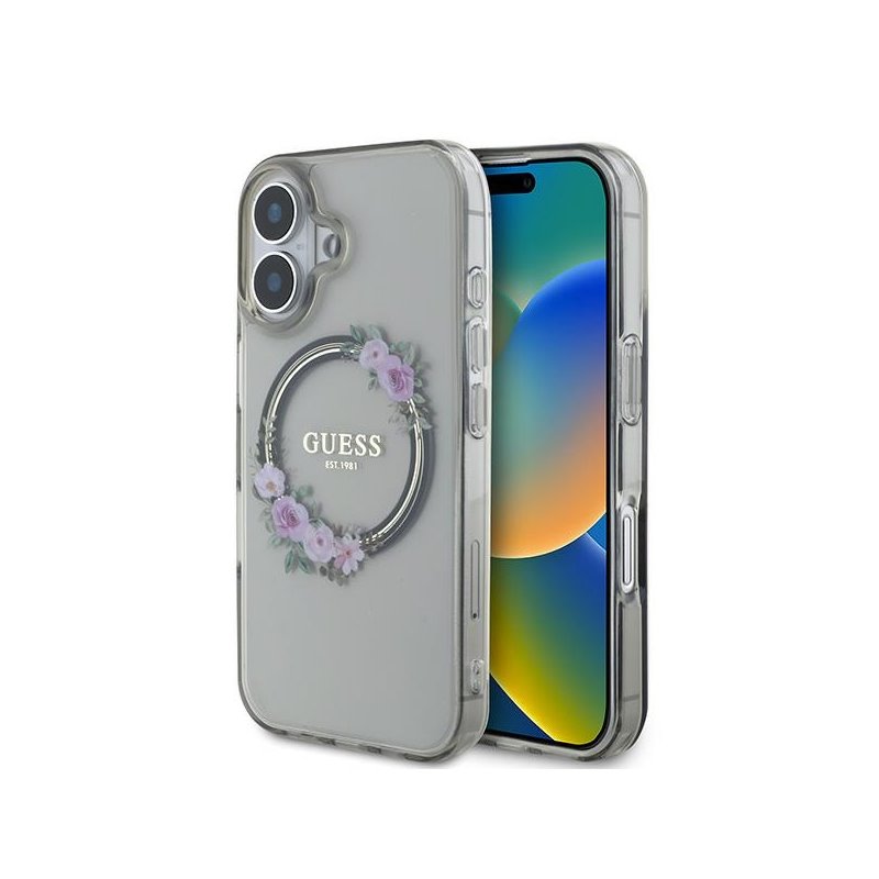 Guess iPhone 16 black hardcase IML Flowers Wreath MagSafe Guess iPhone 16 black hardcase IML Flowers Wreath MagSafe