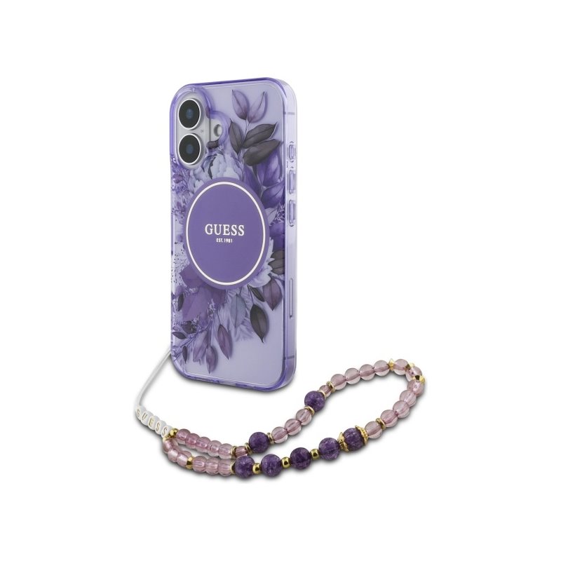 Guess iPhone 16 purple hardcase IML Flowers With Pearl Strap MagSafe