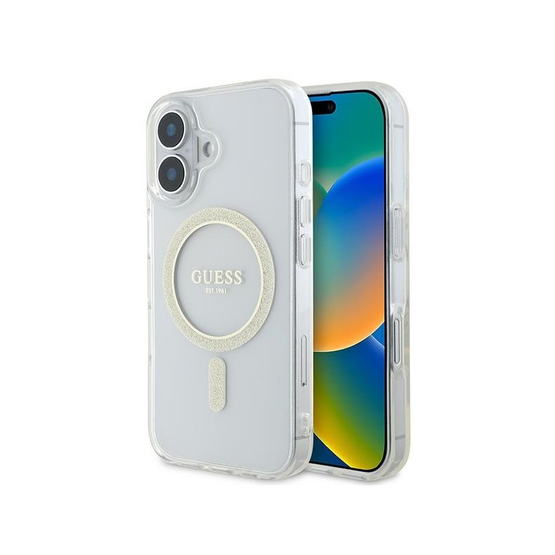 Guess iPhone 16 transparent hardcase IML Glitter Circle MagSafe