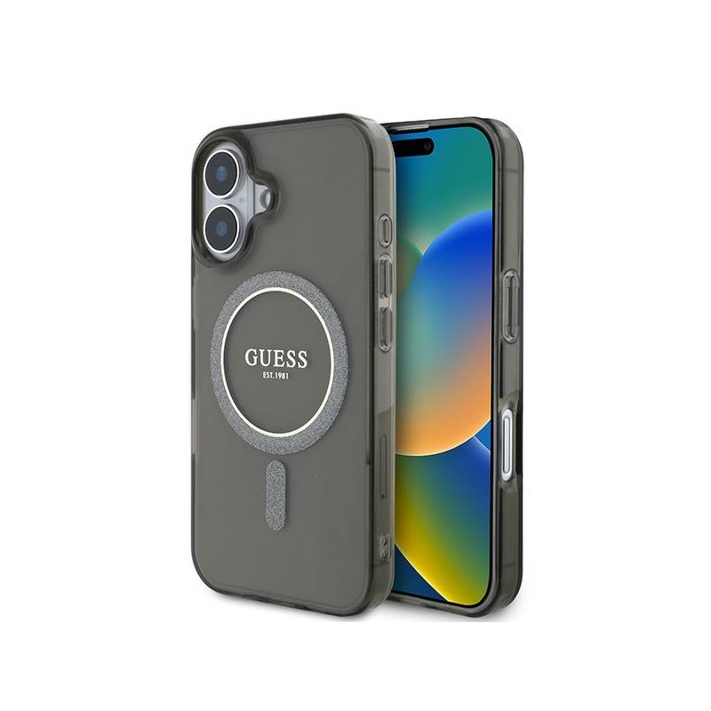 Guess iPhone 16 black hardcase IML Glitter Circle MagSafe