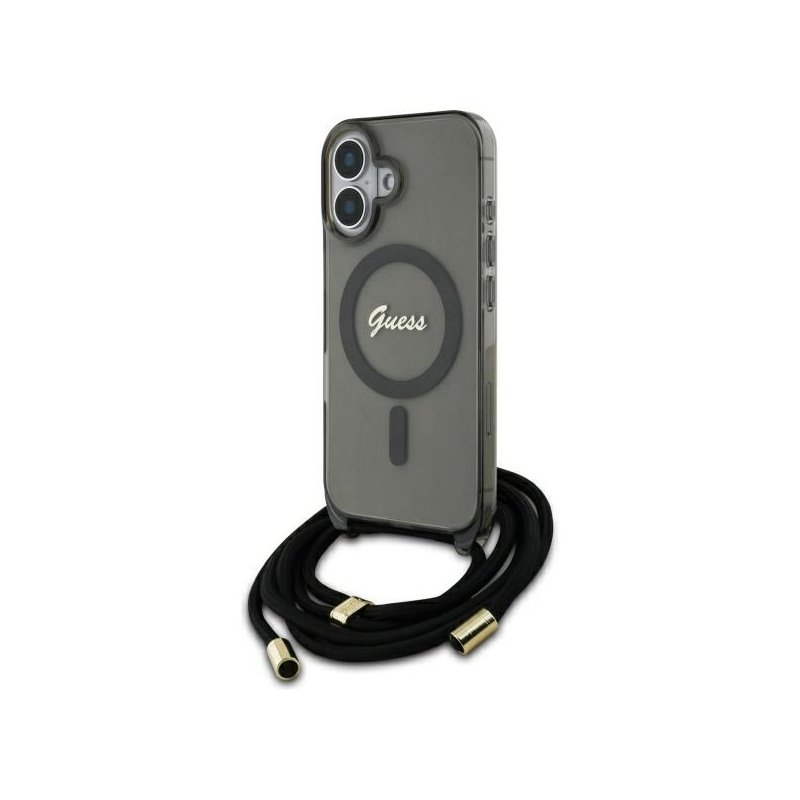 Guess iPhone 16 black hardcase Crossbody Cord Script MagSafe