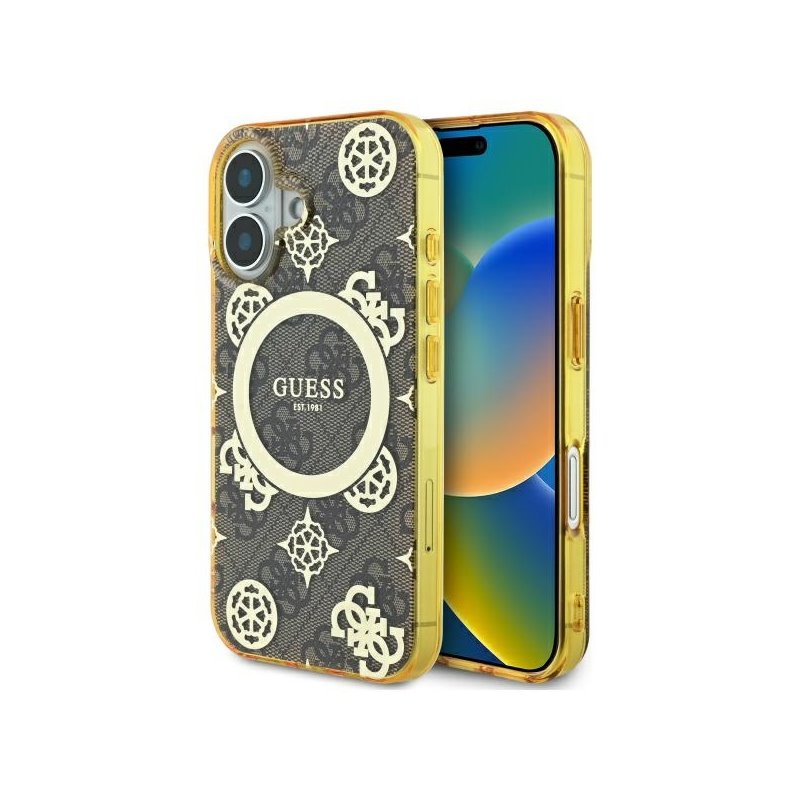 Guess iPhone 16 brown hardcase IML Peony On 4G Background MagSafe Guess iPhone 16 brown hardcase IML Peony On 4G Background MagSafe