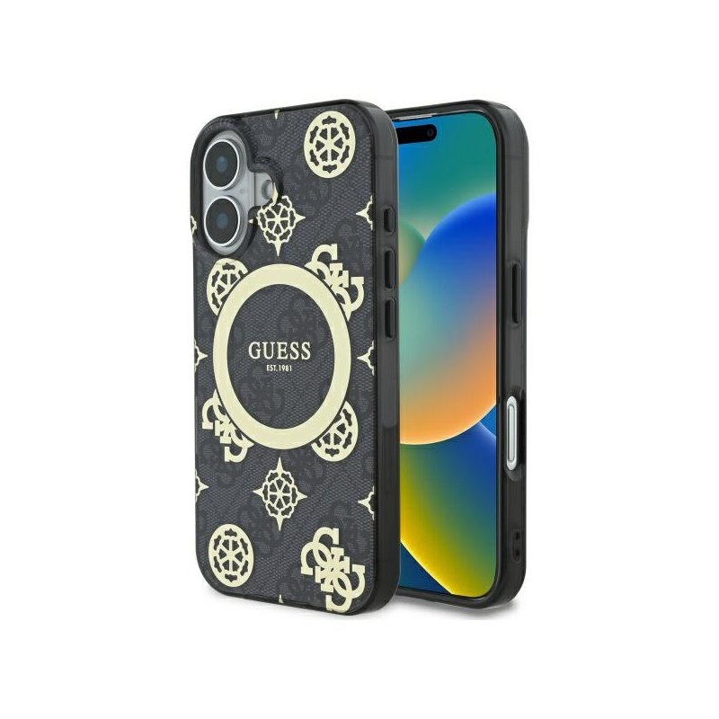 Guess iPhone 16 black hardcase IML Peony On 4G Background MagSafe Guess iPhone 16 black hardcase IML Peony On 4G Background MagSafe