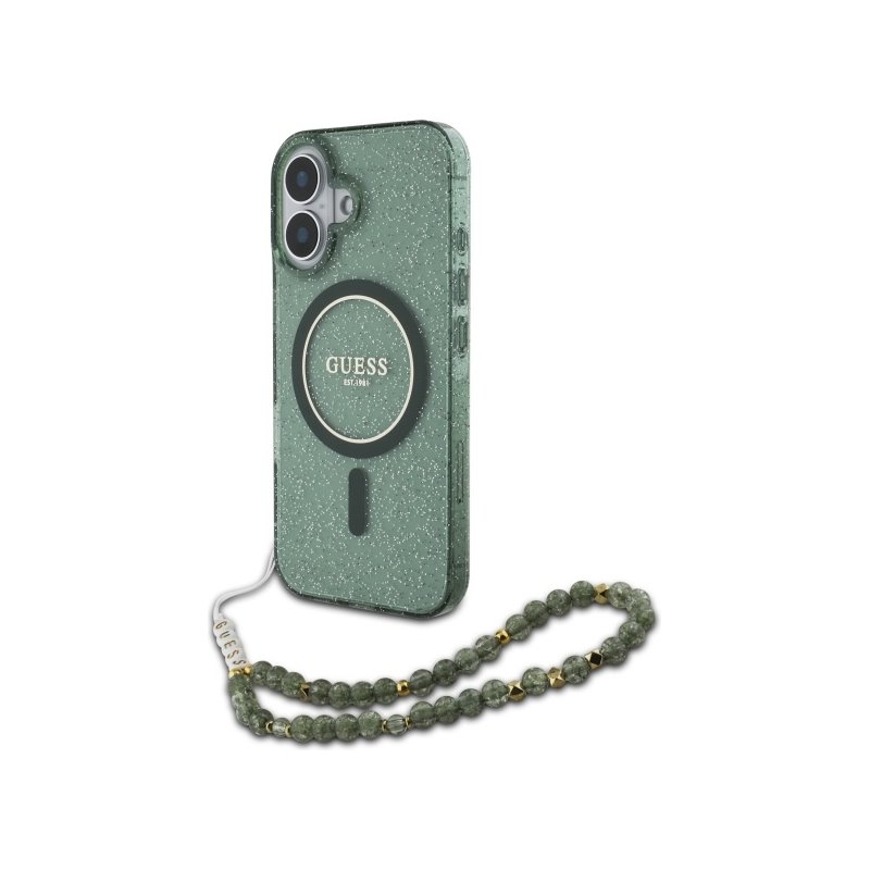 Guess iPhone 16 Plus green hardcase IML Glitter With Pearl Strap MagSafe Guess iPhone 16 Plus green hardcase IML Glitter With Pearl Strap MagSafe
