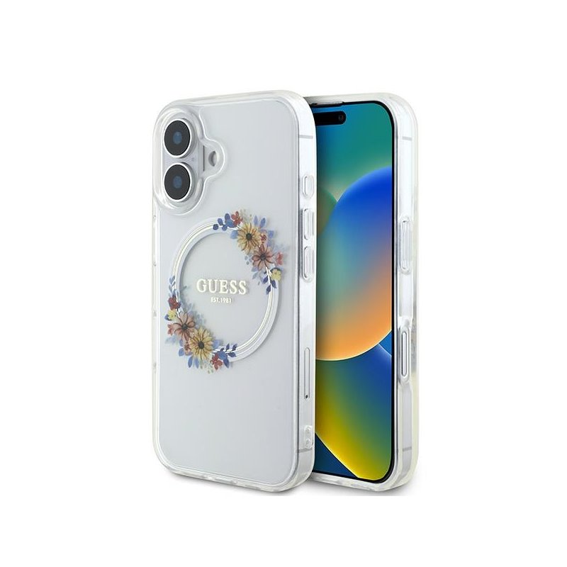 Guess iPhone 16 Plus transparent hardcase IML Flowers Wreath MagSafe Guess iPhone 16 Plus transparent hardcase IML Flowers Wreath MagSafe