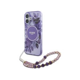 Guess iPhone 16 Plus purple hardcase IML Flowers With Pearl Strap Magsafe