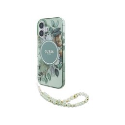 Guess iPhone 16 Plus green hardcase IML Flowers With Pearl Strap MagSafe