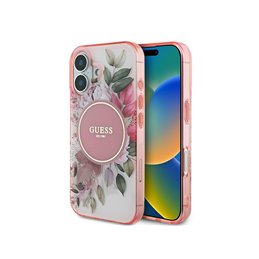 Guess iPhone 16 Plus pink hardcase IML Flower & Tonal Circle MagSafe
