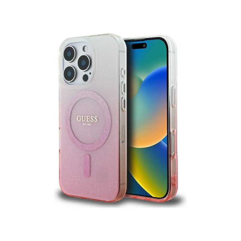 Guess iPhone 16 Pro pink hardcase IML Glitter Gradient MagSafe