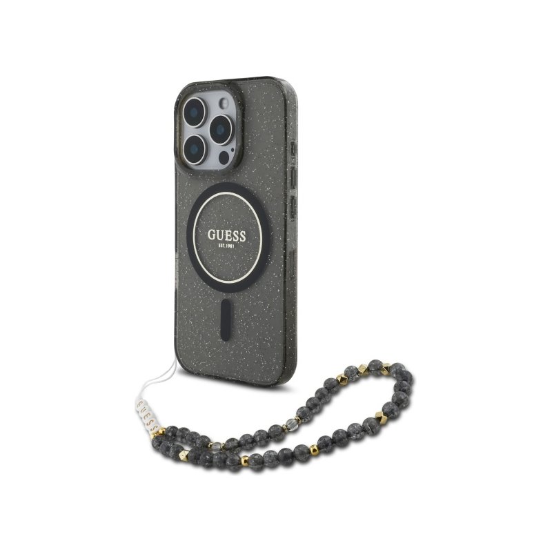 Guess iPhone 16 Pro black hardcase IML Glitter With Pearl Strap MagSafe Guess iPhone 16 Pro black hardcase IML Glitter With Pearl Strap MagSafe