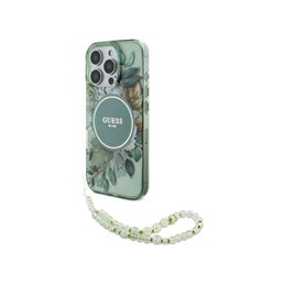 Guess iPhone 16 Pro green hardcase IML Flowers With Pearl Strap MagSafe