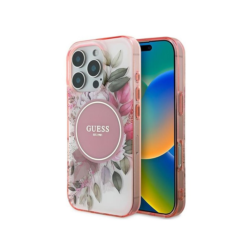 Guess iPhone 16 Pro pink hardcase IML Flower & Tonal Circle MagSafe