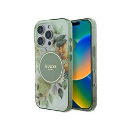 Guess iPhone 16 Pro green hardcase IML Flower & Tonal Circle MagSafe
