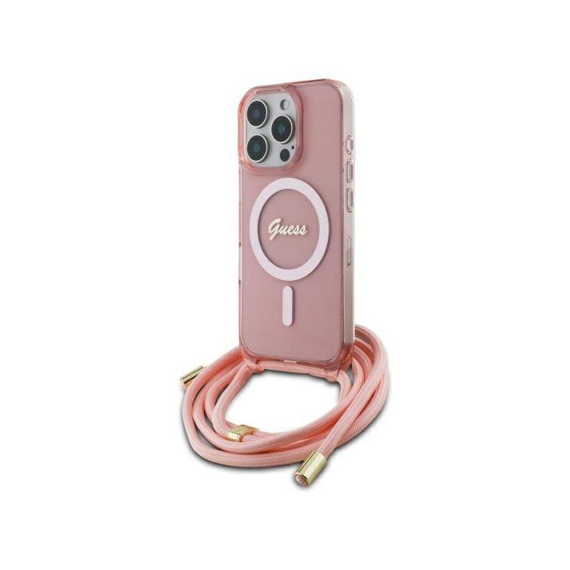 Guess iPhone 16 Pro pink hardcase Crossbody Cord Script MagSafe