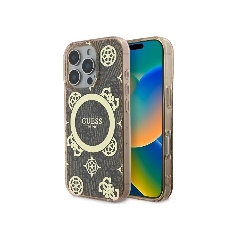 Guess iPhone 16 Pro brown hardcase IML Peony On 4G Background MagSafe Guess iPhone 16 Pro brown hardcase IML Peony On 4G Background MagSafe