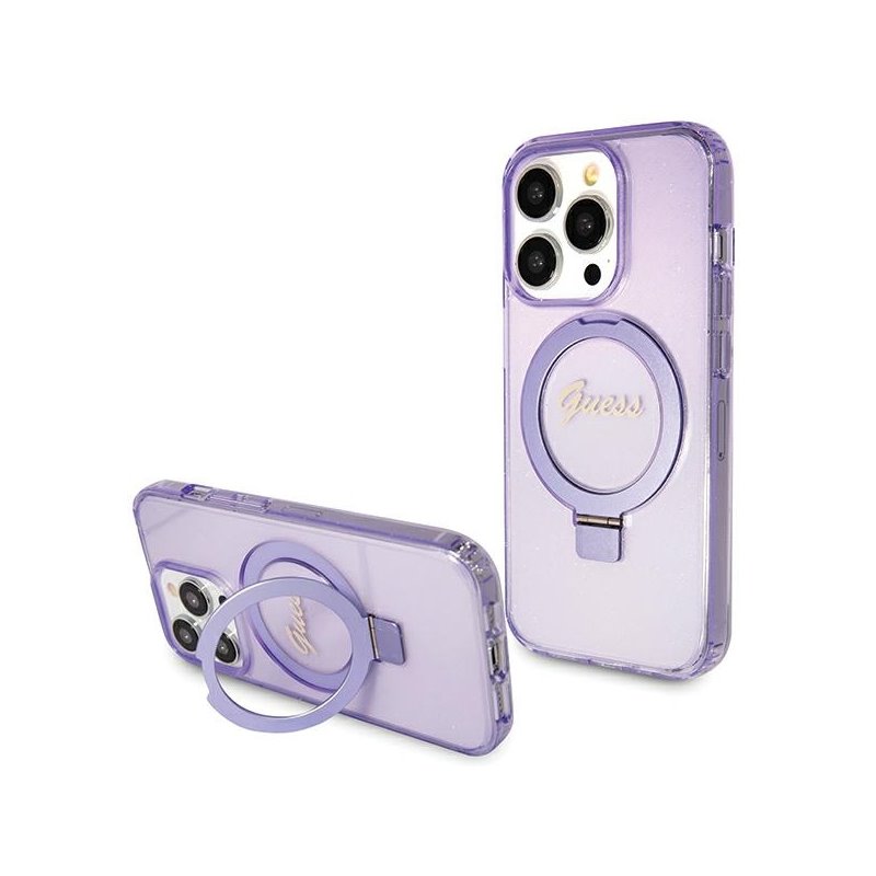Guess iPhone 15 Pro Max purple hardcase Ring Stand Script Glitter MagSa Guess iPhone 15 Pro Max purple hardcase Ring Stand Script Glitter MagSa