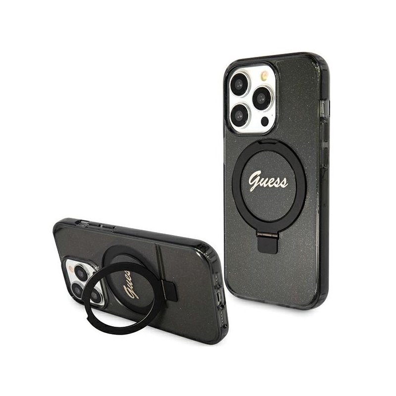 Guess iPhone 15 Pro Max black hardcase Ring Stand Script Glitter MagSafe Guess iPhone 15 Pro Max black hardcase Ring Stand Script Glitter MagSafe