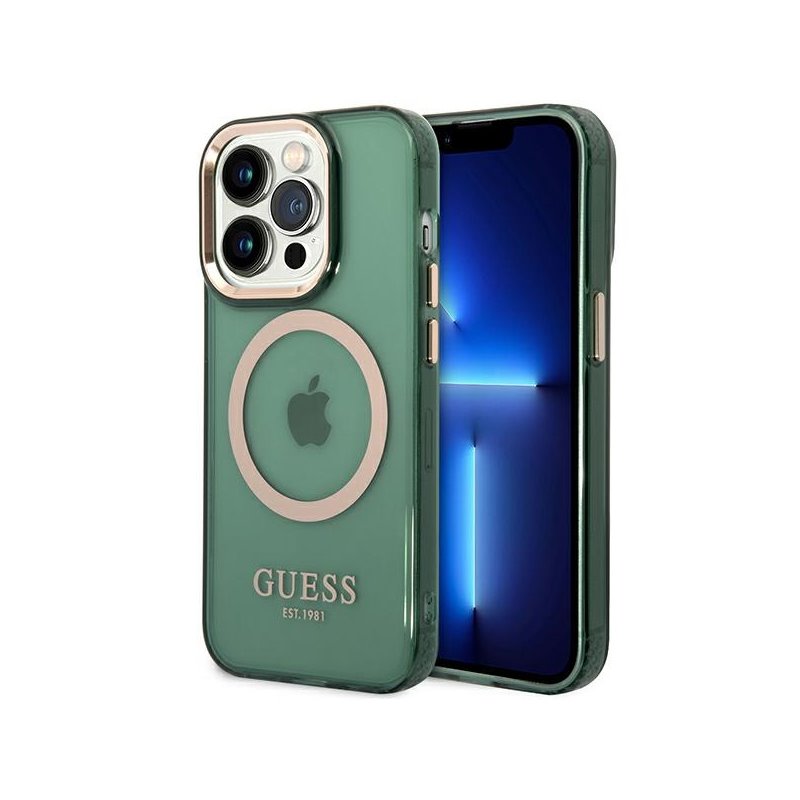 Guess iPhone 14 Pro Max khaki hardcase Gold Outline Translucent MagSafe Guess iPhone 14 Pro Max khaki hardcase Gold Outline Translucent MagSafe