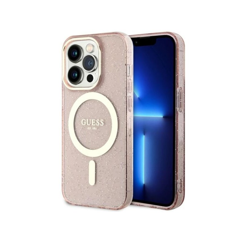 Guess iPhone 14 Pro Max black pink hardcase Glitter Gold MagSafe