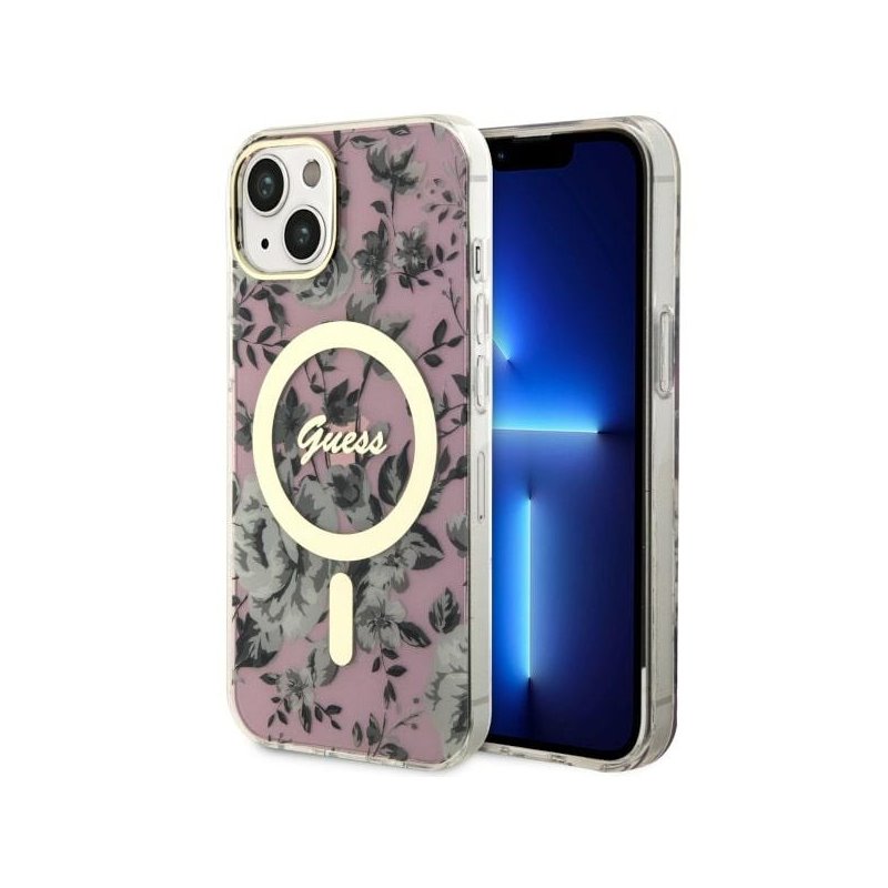 Guess iPhone 13/14/15 pink hardcase Flower MagSafe