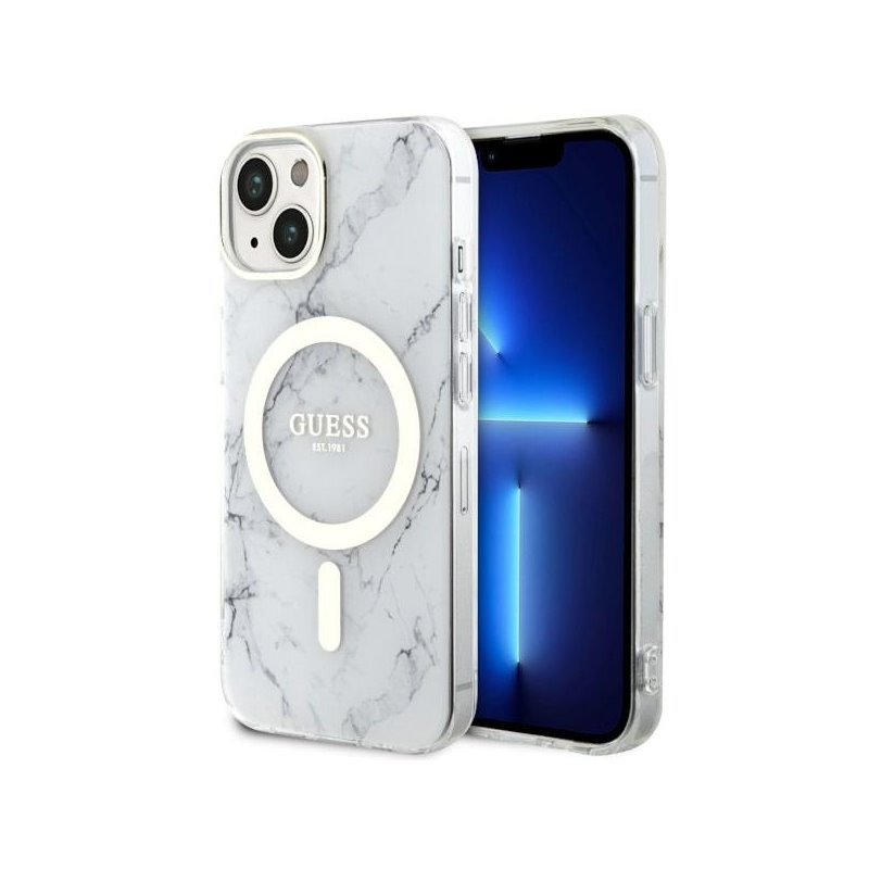 Guess iPhone 14 Plus/15 Plus white hardcase Marble MagSafe