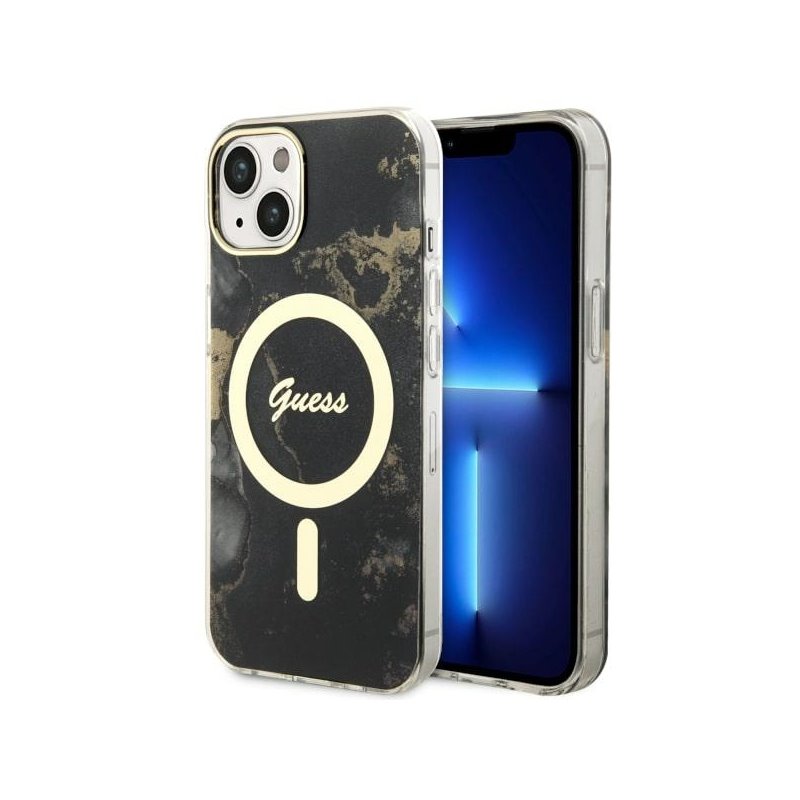 Guess iPhone 14 Plus/15 Plus black hardcase Golden Marble MagSafe