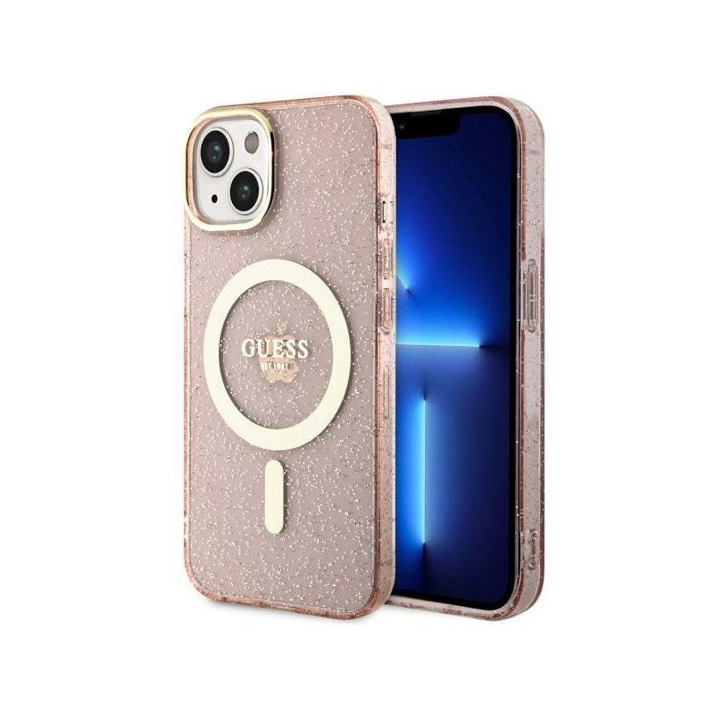 Guess iPhone 14 Plus/15 Plus pink hardcase Glitter Gold MagSafe Guess iPhone 14 Plus/15 Plus pink hardcase Glitter Gold MagSafe