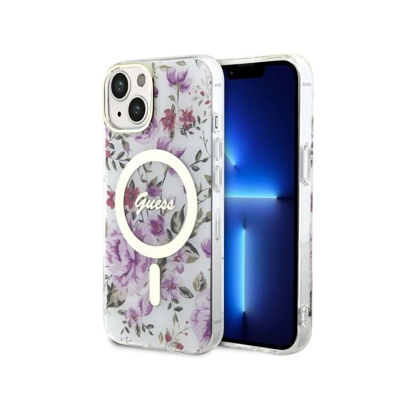 Guess iPhone 14 Plus/15 Plus transparent hardcase Flower MagSafe