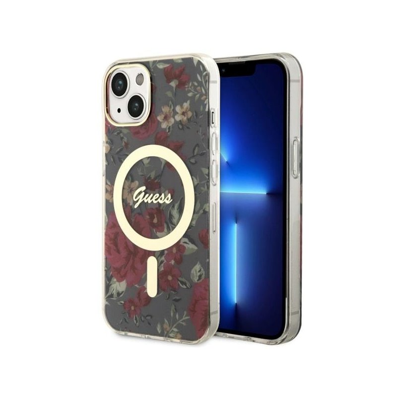 Guess iPhone 14 Plus/15 Plus khaki hardcase Flower MagSafe Guess iPhone 14 Plus/15 Plus khaki hardcase Flower MagSafe