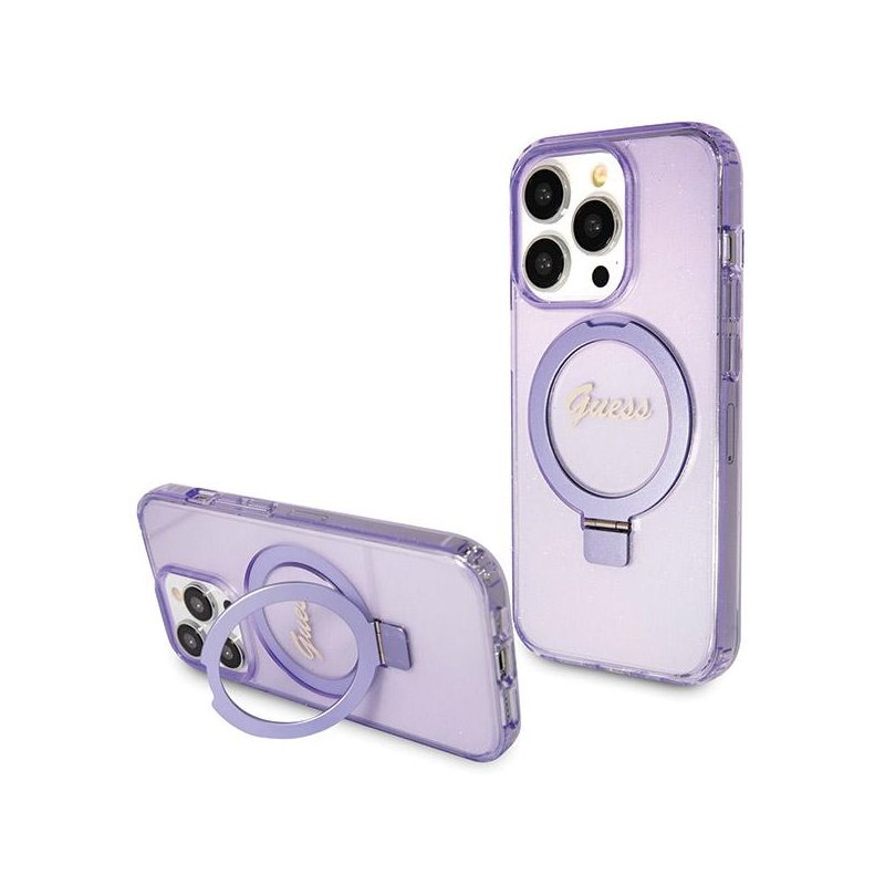 Guess iPhone 13/13 Pro purple hardcase Ring Stand Script Glitter MagSafe