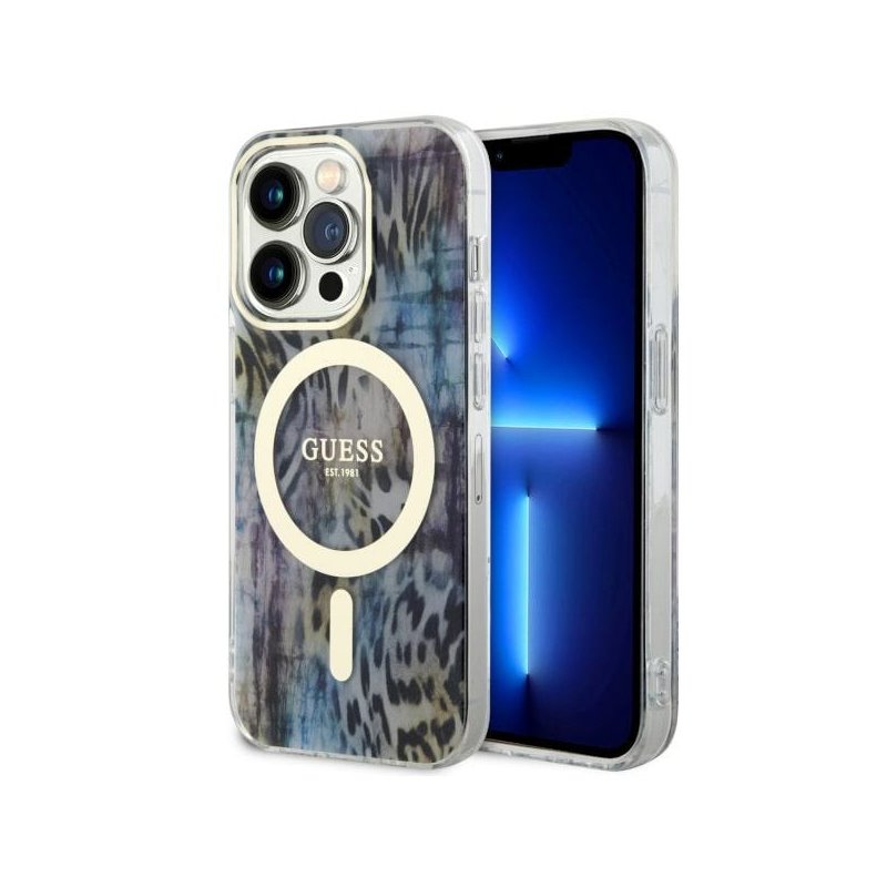 Guess iPhone 14 Pro blue hardcase Leopard MagSafe Guess iPhone 14 Pro blue hardcase Leopard MagSafe