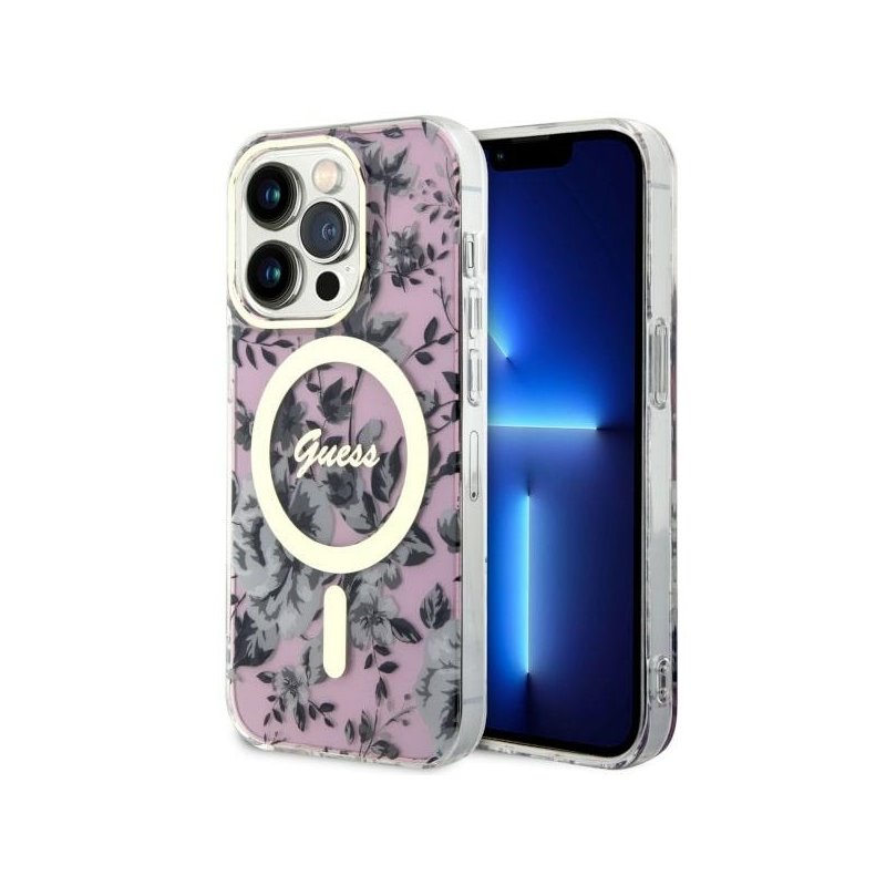 Guess iPhone 14 Pro pink hardcase Flower MagSafe Guess iPhone 14 Pro pink hardcase Flower MagSafe