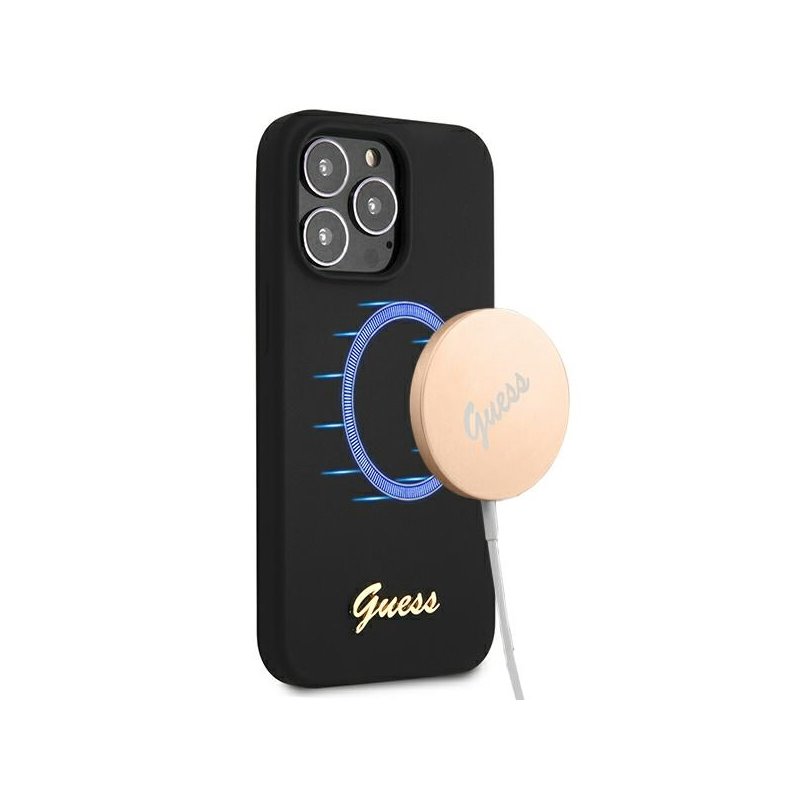 Guess iPhone 13 Pro Max black hardcase Silicone Script Gold Logo MagSafe