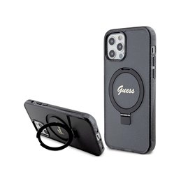 Guess iPhone 12/12 Pro black hardcase Ring Stand Script Glitter MagSafe